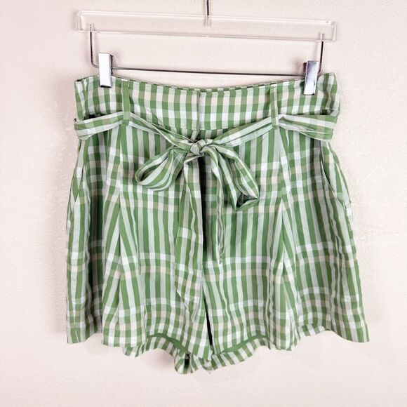 Cinq A Sept Green Plaid Paper Bag Shorts Silk Size 12 - Picture 1 of 5